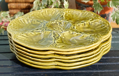 French Vintage BARBOTINE Olive Green Oyster Huître Shellfish Plate with 6 Wells Ceramic Majolica