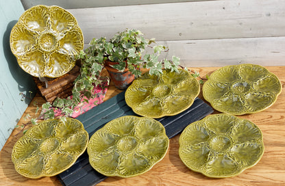 French Vintage BARBOTINE Olive Green Oyster Huître Shellfish Plate with 6 Wells Ceramic Majolica