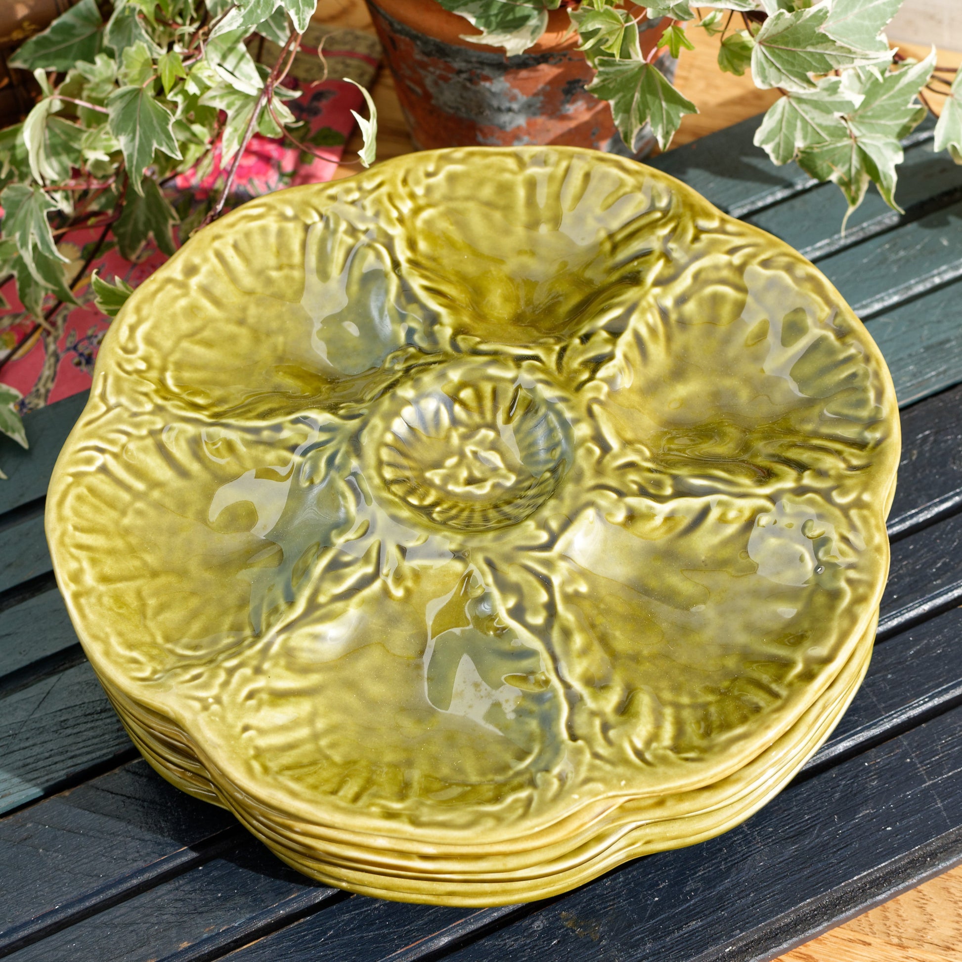 French Vintage BARBOTINE Olive Green Oyster Huître Shellfish Plate with 6 Wells Ceramic Majolica