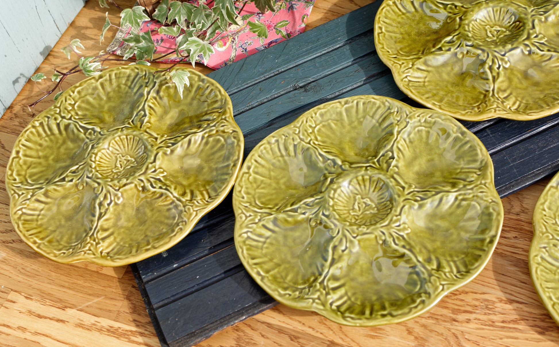 French Vintage BARBOTINE Olive Green Oyster Huître Shellfish Plate with 6 Wells Ceramic Majolica