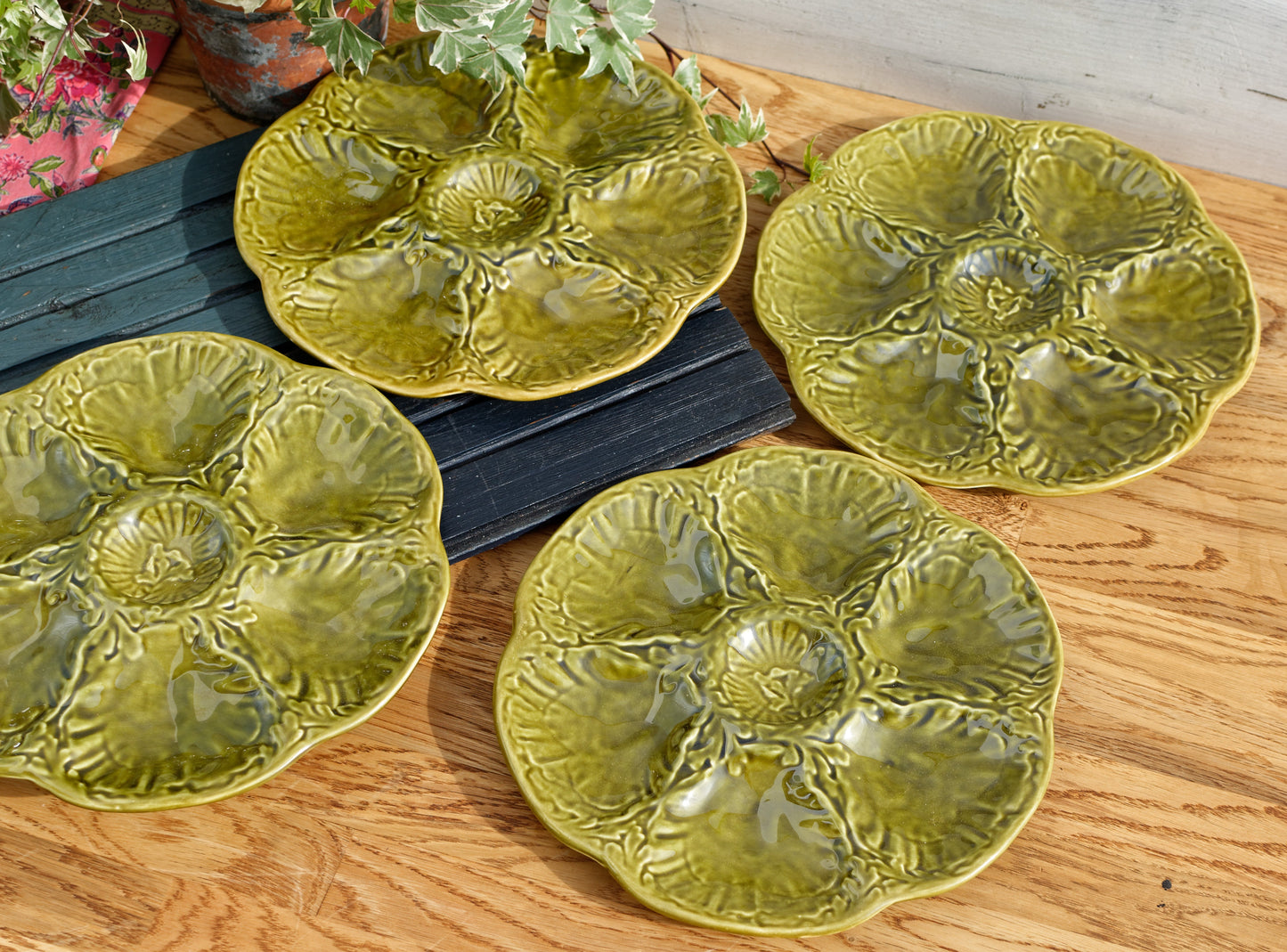 French Vintage BARBOTINE Olive Green Oyster Huître Shellfish Plate with 6 Wells Ceramic Majolica