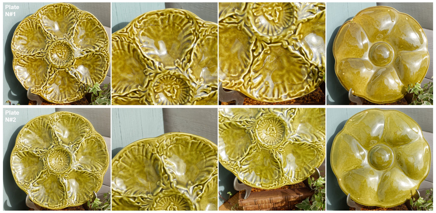 French Vintage BARBOTINE Olive Green Oyster Huître Shellfish Plate with 6 Wells Ceramic Majolica