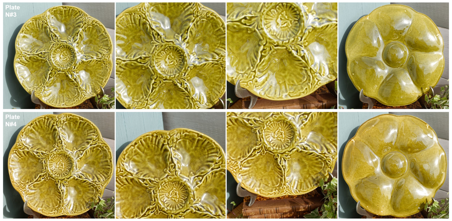 French Vintage BARBOTINE Olive Green Oyster Huître Shellfish Plate with 6 Wells Ceramic Majolica