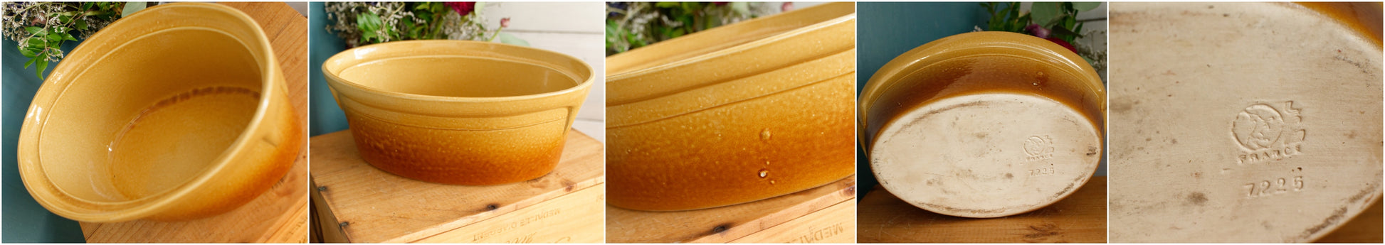 French Vintage Glazed Ceramic Stoneware Oval Casserole Dish Enameled Sandstone Gratin Pan