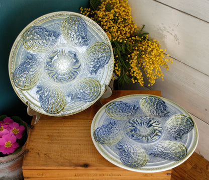 SARREGUEMINES France French Vintage BARBOTINE Majolica Blue Green Oyster Shellfish Huître Plate 6 Crab Shaped Wells