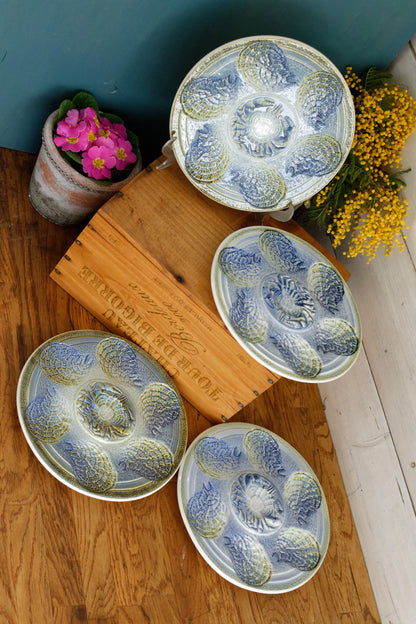 SARREGUEMINES France French Vintage BARBOTINE Majolica Blue Green Oyster Shellfish Huître Plate 6 Crab Shaped Wells