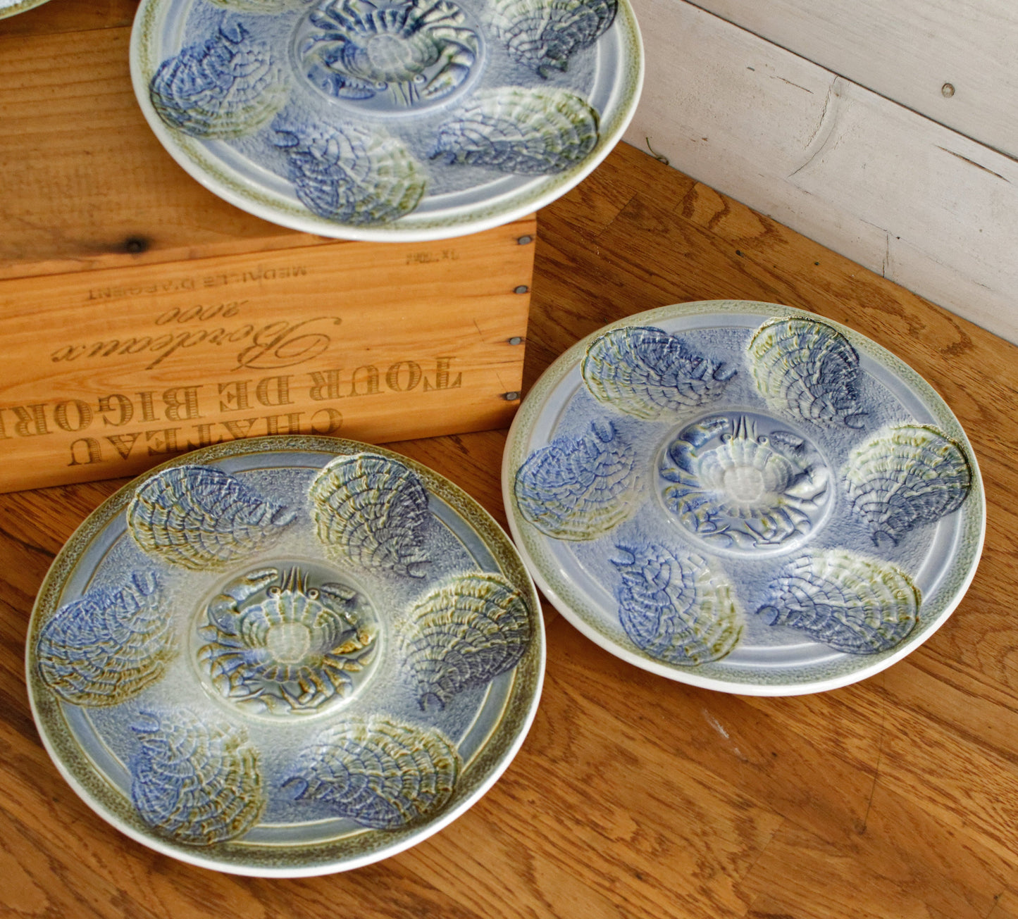 SARREGUEMINES France French Vintage BARBOTINE Majolica Blue Green Oyster Shellfish Huître Plate 6 Crab Shaped Wells