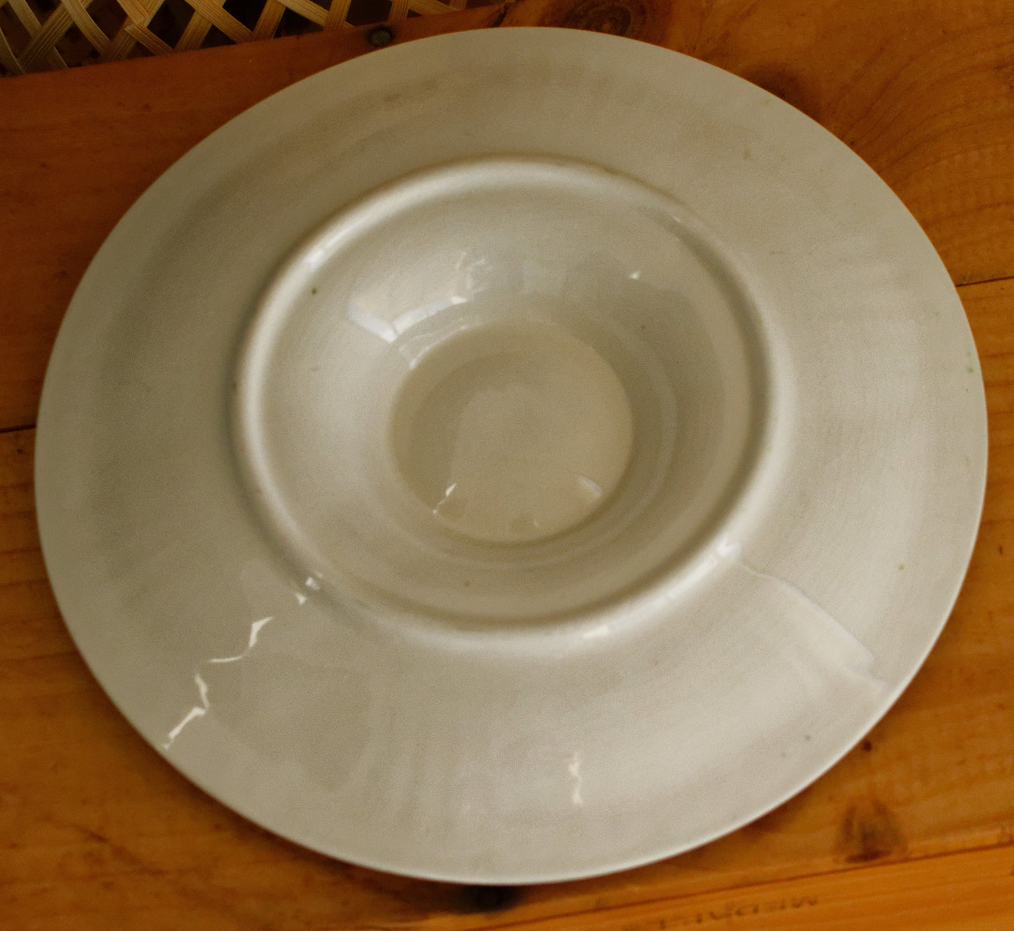 French Vintage BARBOTINE Majolica Green Cream Oyster Huître Shellfish Plate with 6 Wells Basket Weave Pattern Made in France
