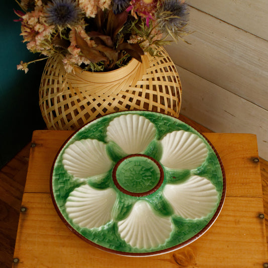 French Vintage BARBOTINE Majolica Green Cream Oyster Huître Shellfish Plate with 6 Wells Basket Weave Pattern Made in France