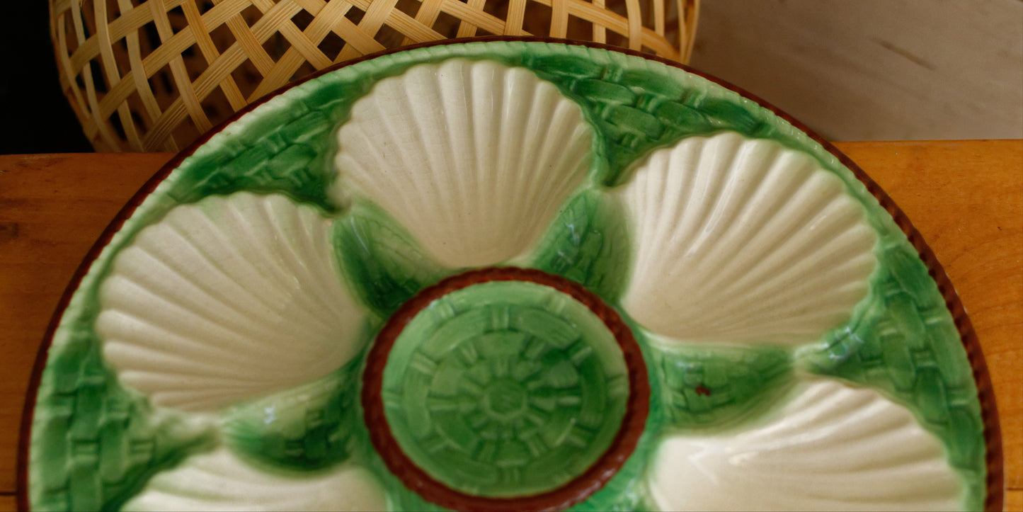 French Vintage BARBOTINE Majolica Green Cream Oyster Huître Shellfish Plate with 6 Wells Basket Weave Pattern Made in France