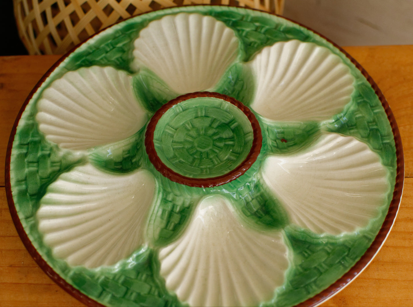 French Vintage BARBOTINE Majolica Green Cream Oyster Huître Shellfish Plate with 6 Wells Basket Weave Pattern Made in France