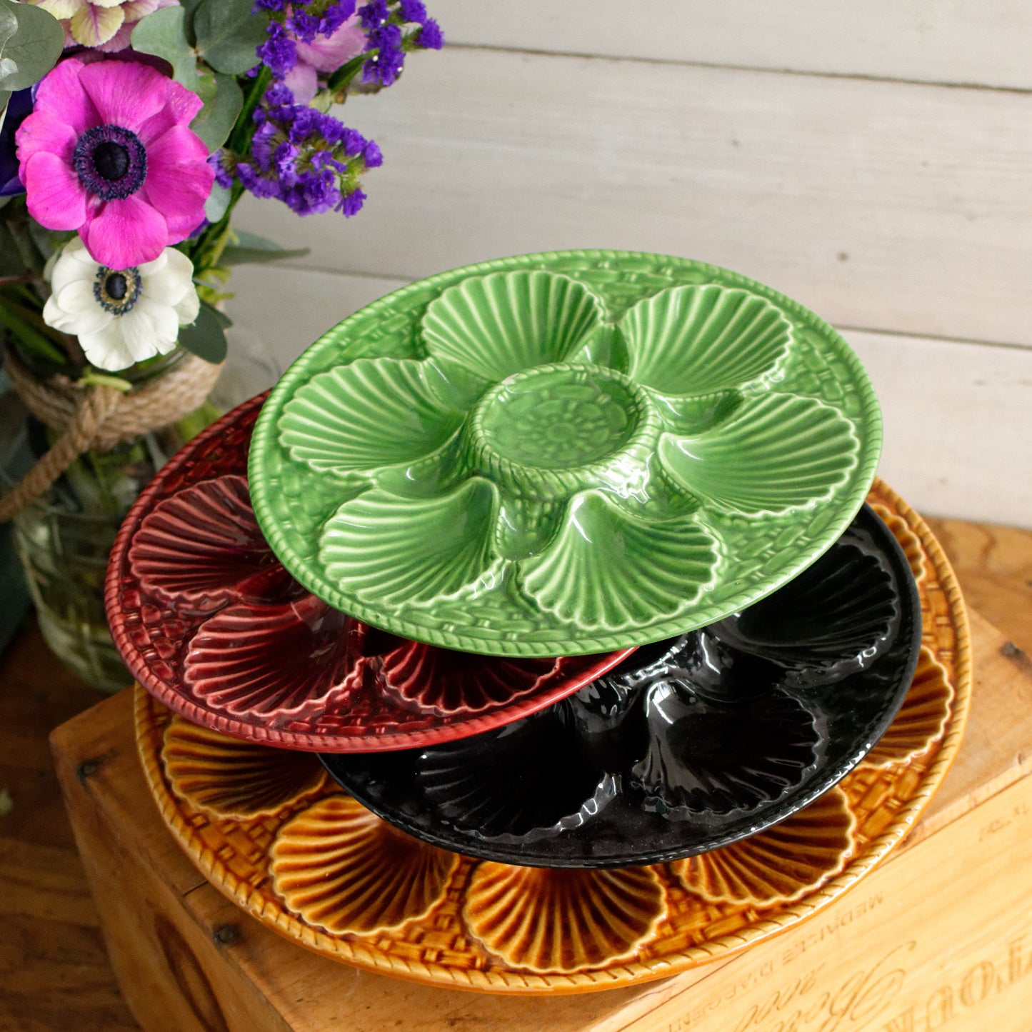 French Vintage BARBOTINE Majolica Oyster Shellfish "Huître" Platter Plate with 6 & 12 Wells Basket Weave Pattern