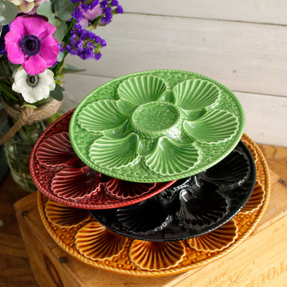 French Vintage BARBOTINE Majolica Oyster Shellfish "Huître" Platter Plate with 6 & 12 Wells Basket Weave Pattern