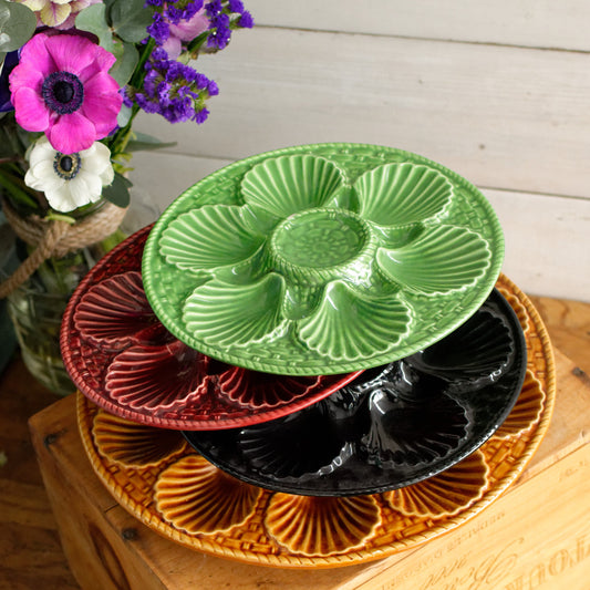 French Vintage BARBOTINE Majolica Oyster Shellfish "Huître" Platter Plate with 6 & 12 Wells Basket Weave Pattern