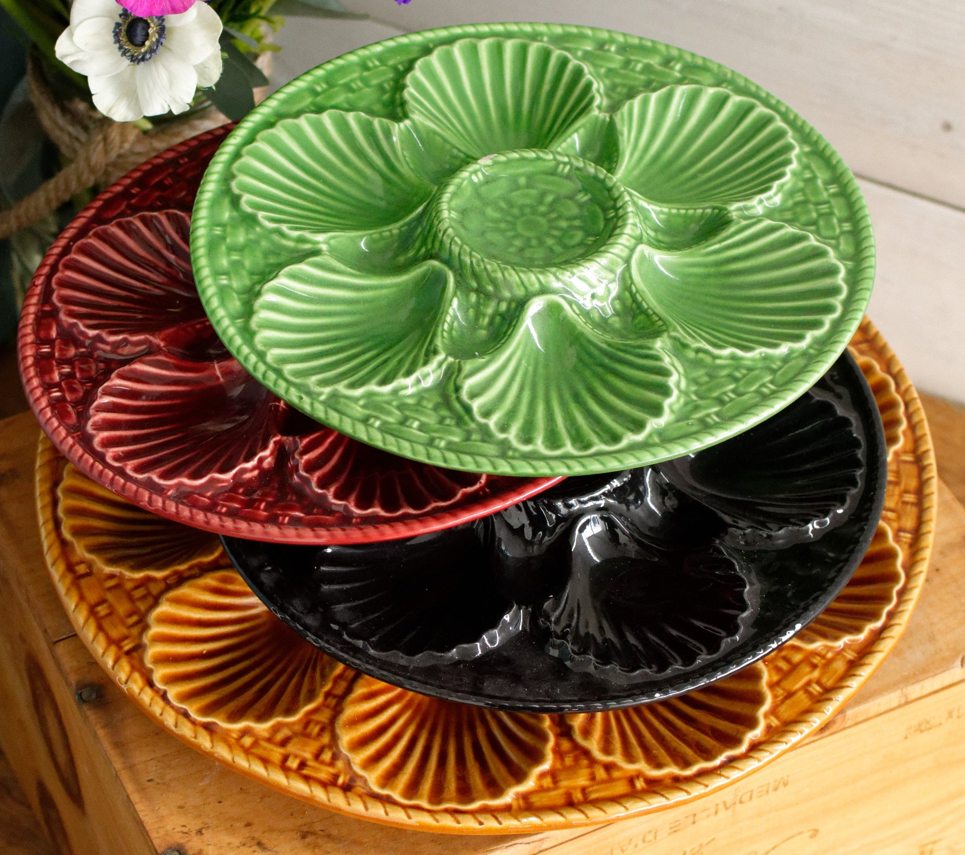 French Vintage BARBOTINE Majolica Oyster Shellfish "Huître" Platter Plate with 6 & 12 Wells Basket Weave Pattern