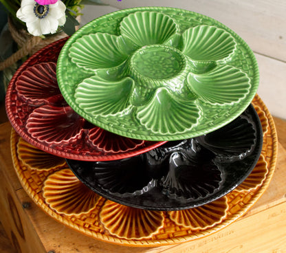 French Vintage BARBOTINE Majolica Oyster Shellfish "Huître" Platter Plate with 6 & 12 Wells Basket Weave Pattern