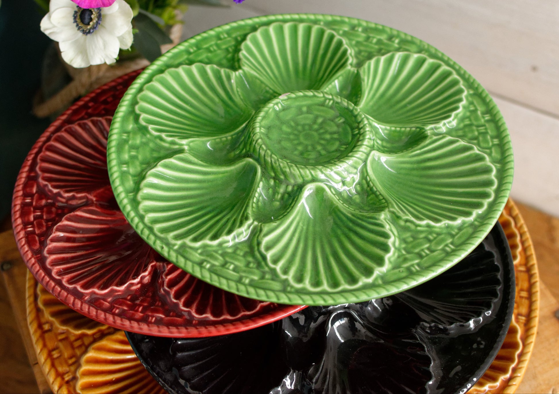 French Vintage BARBOTINE Majolica Oyster Shellfish "Huître" Platter Plate with 6 & 12 Wells Basket Weave Pattern