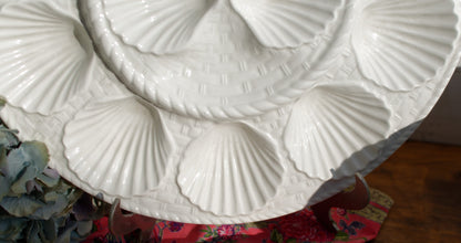 French Ironstone Barbotine Majolica Style Oyster Shellfish Plate/Platter Basket Weave White Huître