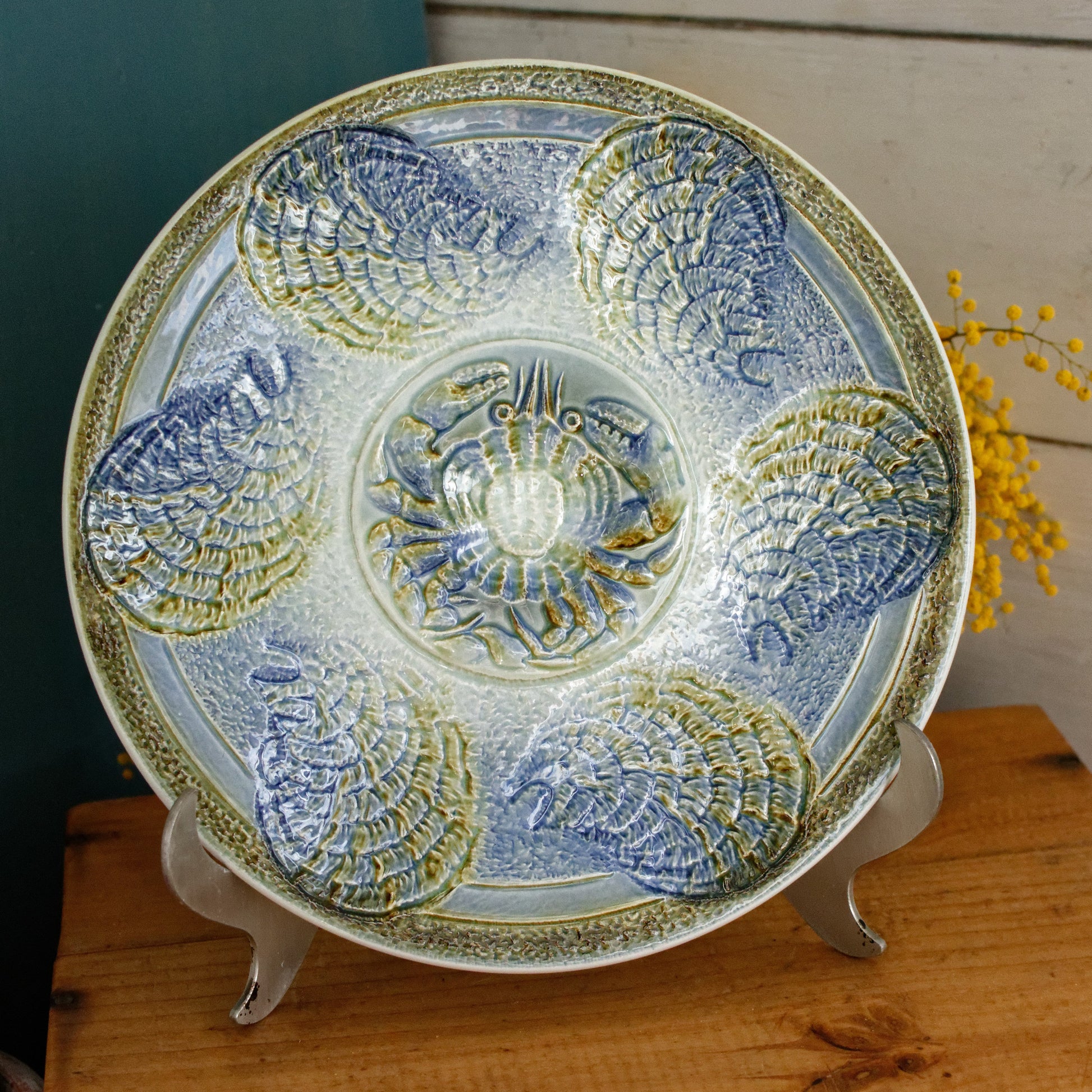 SARREGUEMINES France French Vintage BARBOTINE Majolica Blue Green Oyster Shellfish Huître Plate 6 Crab Shaped Wells