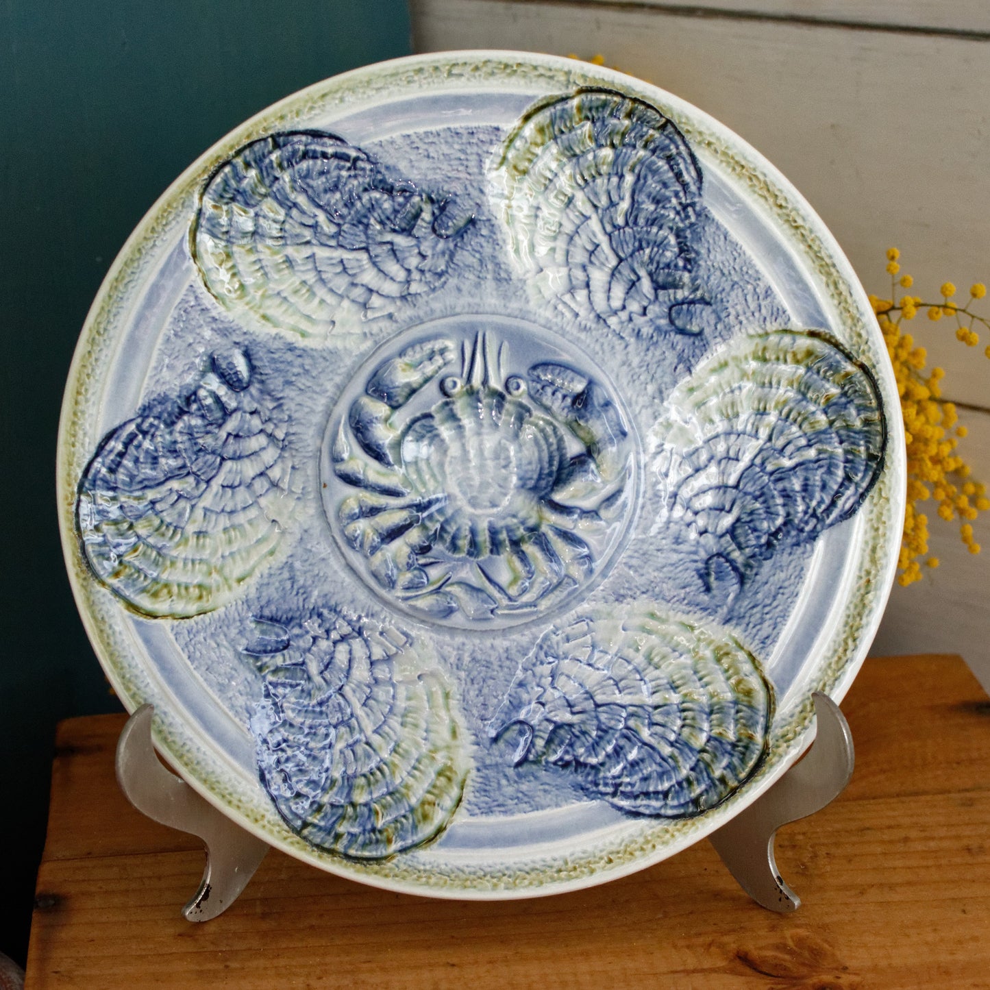 SARREGUEMINES France French Vintage BARBOTINE Majolica Blue Green Oyster Shellfish Huître Plate 6 Crab Shaped Wells