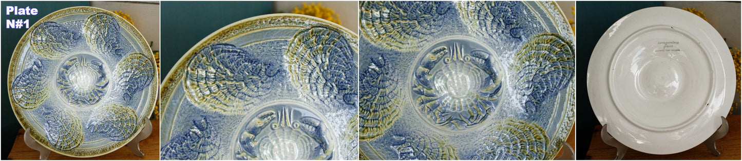 1960s ~ SARREGUEMINES France ~ French Vintage BARBOTINE Majolica Blue Green Oyster Shellfish "Huître" Plate 6 Crab Shaped Wells
