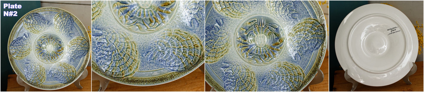 1960s ~ SARREGUEMINES France ~ French Vintage BARBOTINE Majolica Blue Green Oyster Shellfish "Huître" Plate 6 Crab Shaped Wells