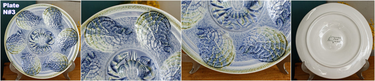 1960s ~ SARREGUEMINES France ~ French Vintage BARBOTINE Majolica Blue Green Oyster Shellfish "Huître" Plate 6 Crab Shaped Wells