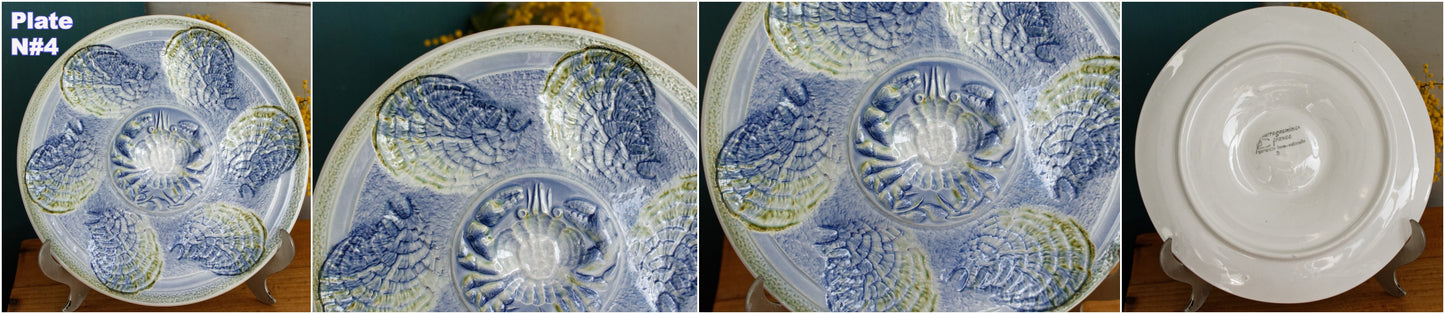1960s ~ SARREGUEMINES France ~ French Vintage BARBOTINE Majolica Blue Green Oyster Shellfish "Huître" Plate 6 Crab Shaped Wells
