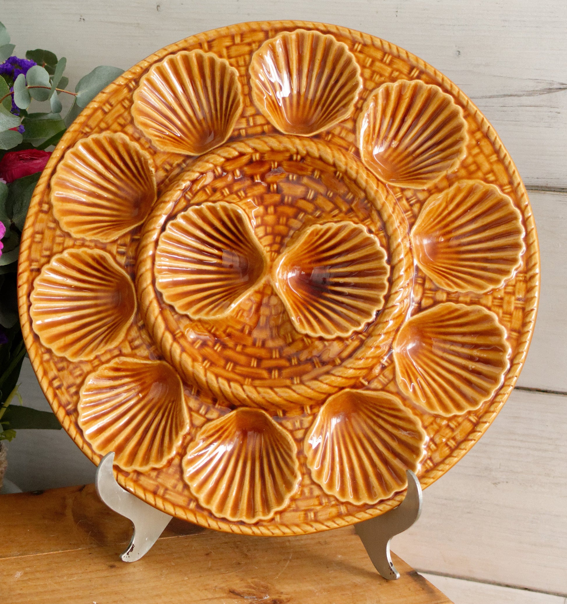 French Vintage BARBOTINE Majolica Oyster Shellfish "Huître" Platter Plate with 6 & 12 Wells Basket Weave Pattern
