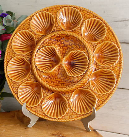 French Vintage BARBOTINE Majolica Oyster Shellfish "Huître" Platter Plate with 6 & 12 Wells Basket Weave Pattern