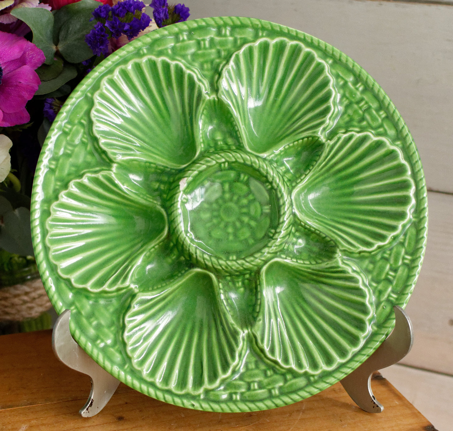 French Vintage BARBOTINE Majolica Oyster Shellfish "Huître" Platter Plate with 6 & 12 Wells Basket Weave Pattern