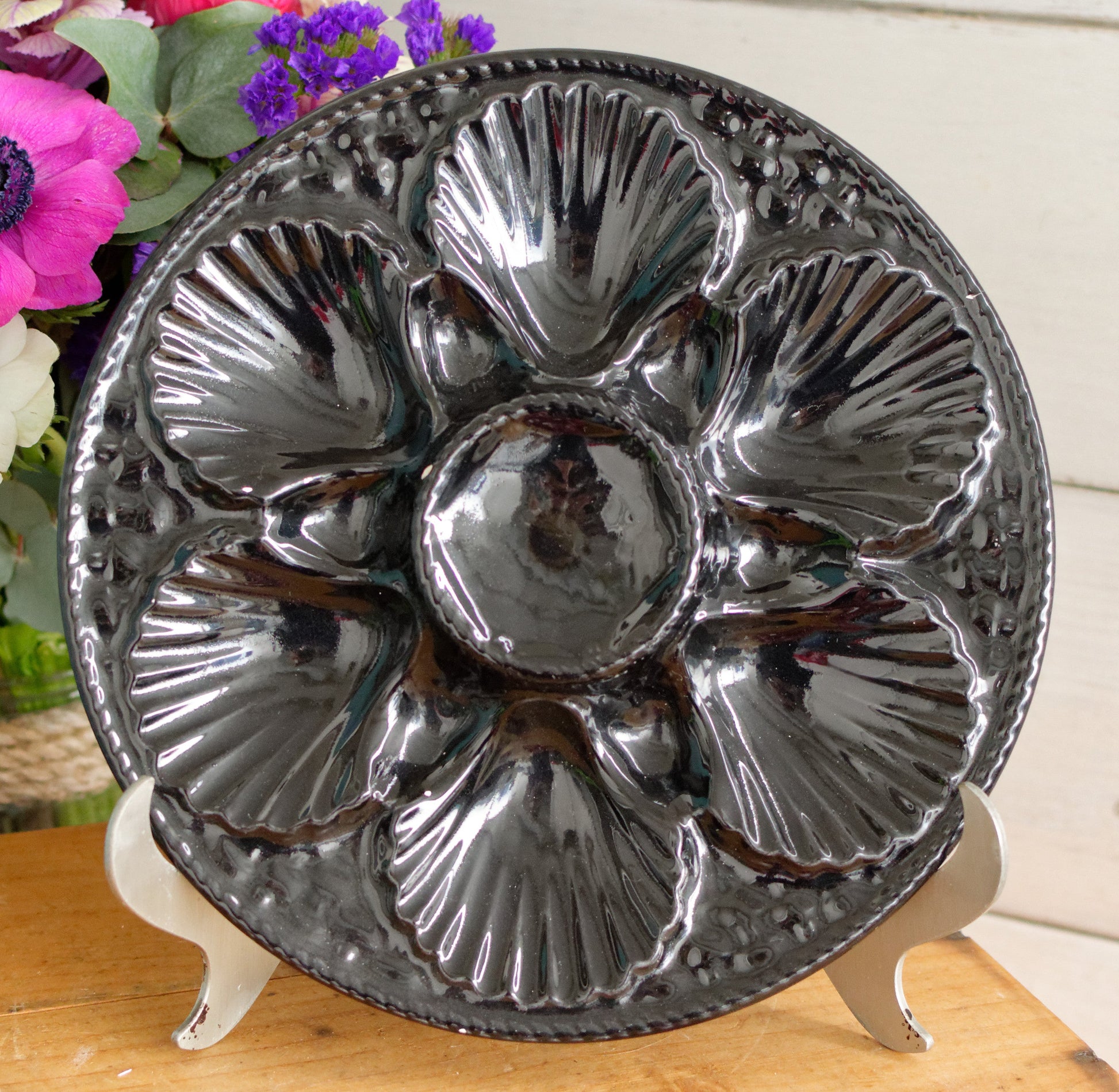 French Vintage BARBOTINE Majolica Oyster Shellfish "Huître" Platter Plate with 6 & 12 Wells Basket Weave Pattern