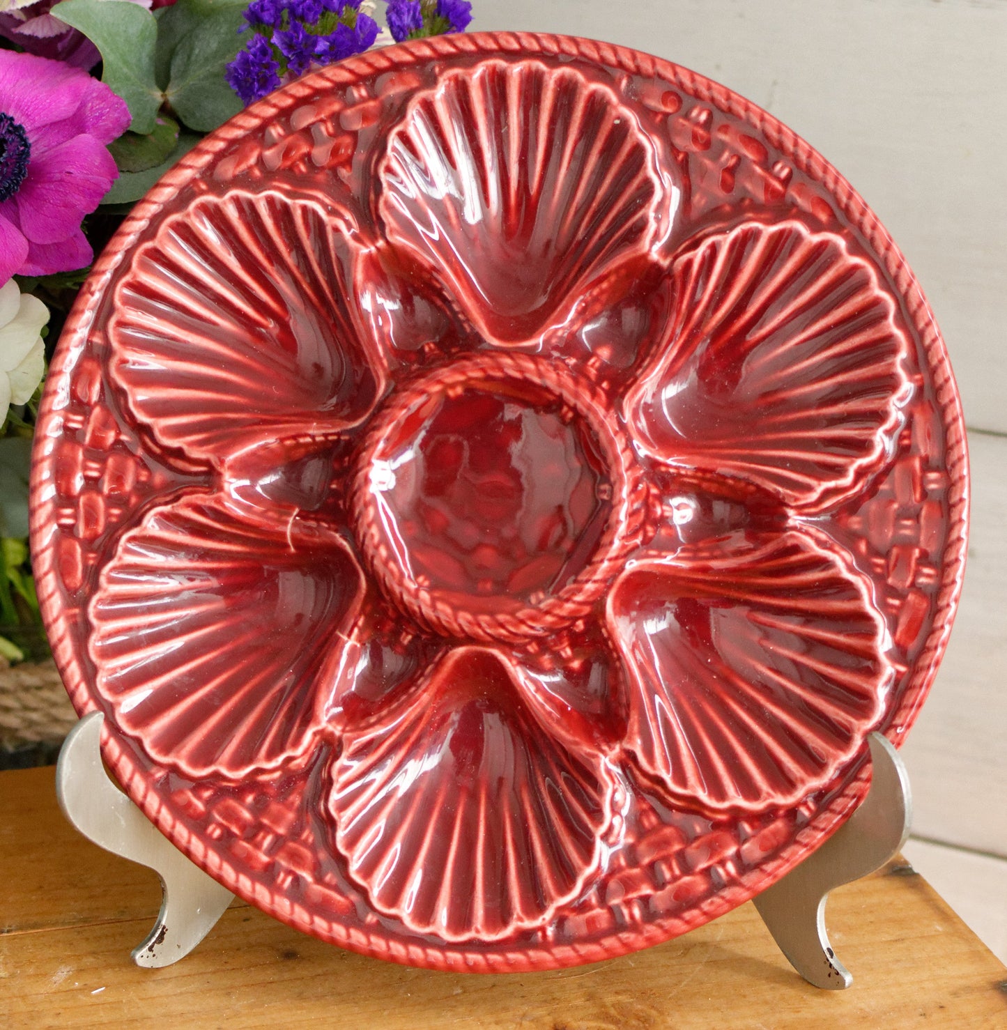 French Vintage BARBOTINE Majolica Oyster Shellfish "Huître" Platter Plate with 6 & 12 Wells Basket Weave Pattern