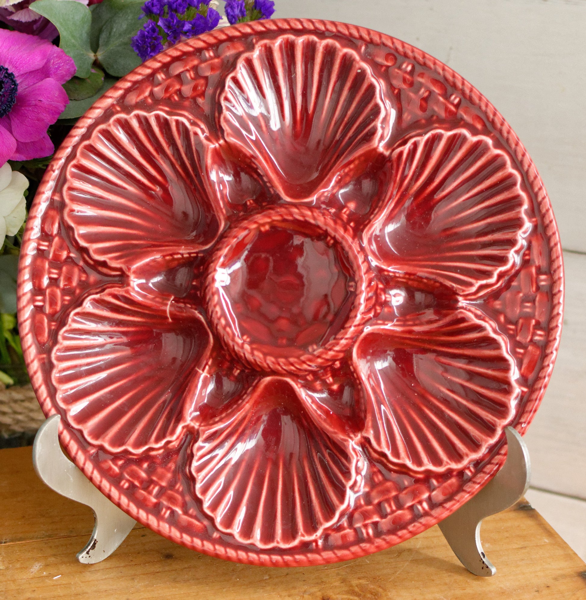 French Vintage BARBOTINE Majolica Oyster Shellfish "Huître" Platter Plate with 6 & 12 Wells Basket Weave Pattern