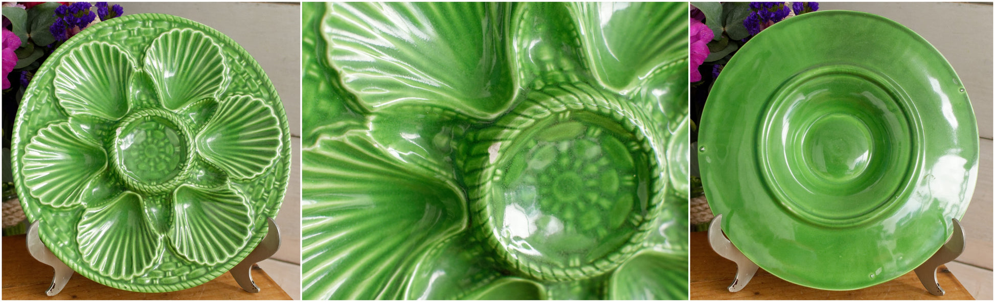 French Vintage BARBOTINE Majolica Oyster Shellfish "Huître" Platter Plate with 6 & 12 Wells Basket Weave Pattern