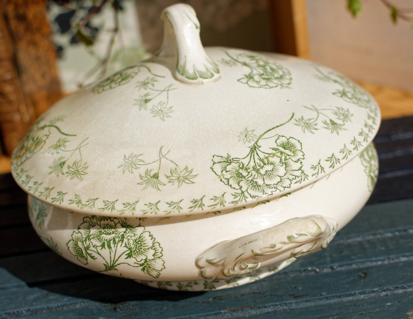 Sarreguemines UC Palymre Motif Soup Tureen Soupiere French Antique Ironstone Terre de Fer Faience Green Transferware