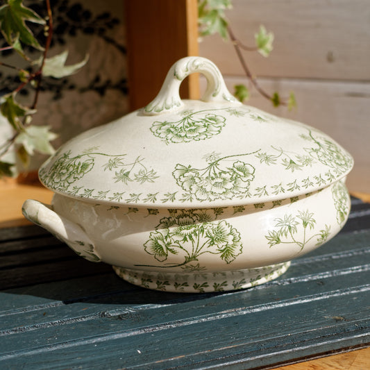Sarreguemines UC Palymre Motif Soup Tureen Soupiere French Antique Ironstone Terre de Fer Faience Green Transferware