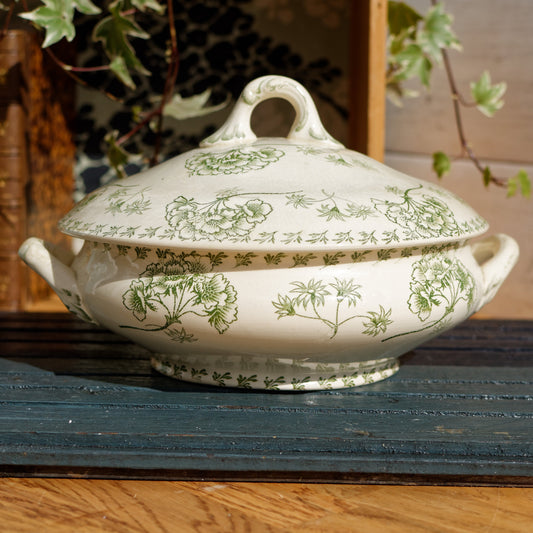 Sarreguemines UC Palymre Motif Soup Tureen Soupiere French Antique Ironstone Terre de Fer Faience Green Transferware