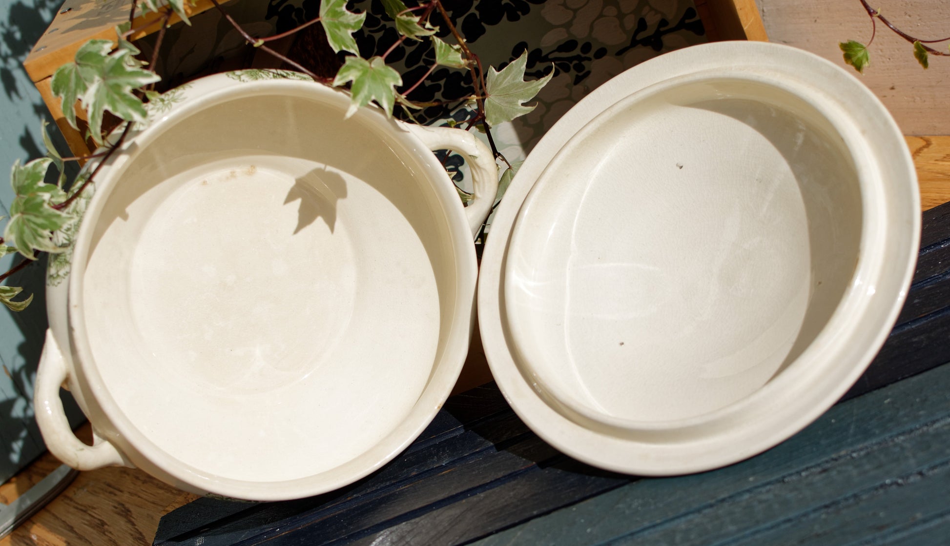 Sarreguemines UC Palymre Motif Soup Tureen Soupiere French Antique Ironstone Terre de Fer Faience Green Transferware