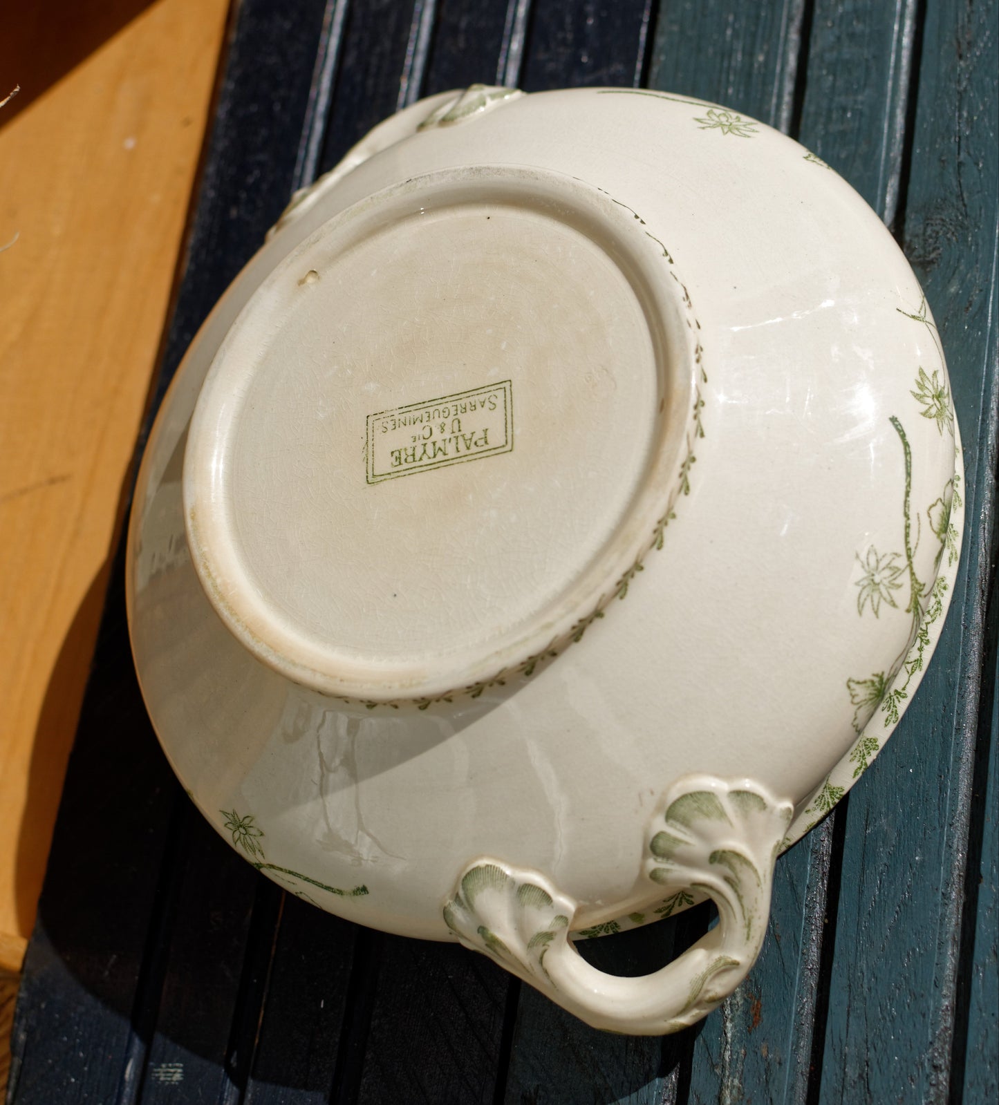 1900s ~ "PALMYRE" SARREGUEMINES U&C ~ French Antique Ironstone Green Transferware Serving Piece ~ Terre de fer Faience