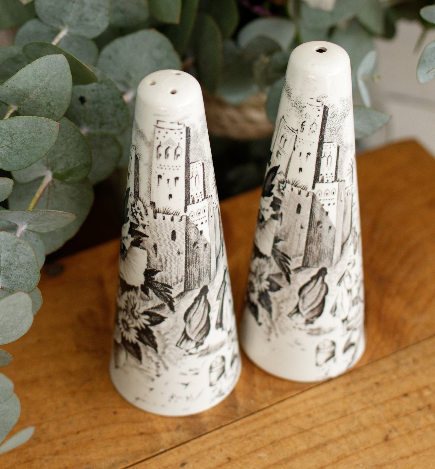 PALISSY motif Eastern Scenes 1853 Old Staffordshire England Antique Ironstone Black Transferware Collectible Salt & Peper Shakers