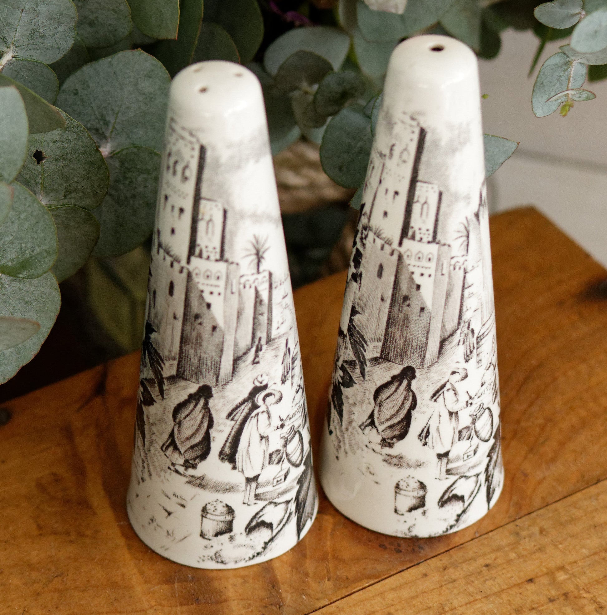 PALISSY motif Eastern Scenes 1853 Old Staffordshire England Antique Ironstone Black Transferware Collectible Salt & Peper Shakers