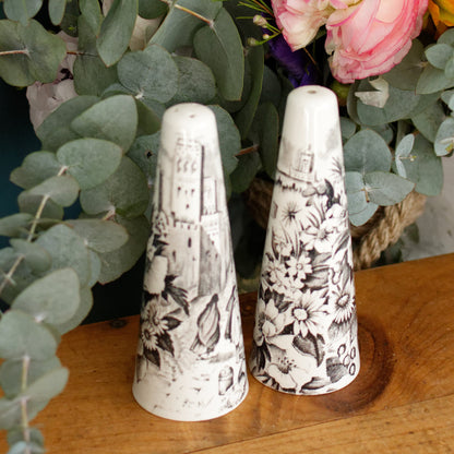 PALISSY motif Eastern Scenes 1853 Old Staffordshire England Antique Ironstone Black Transferware Collectible Salt & Peper Shakers