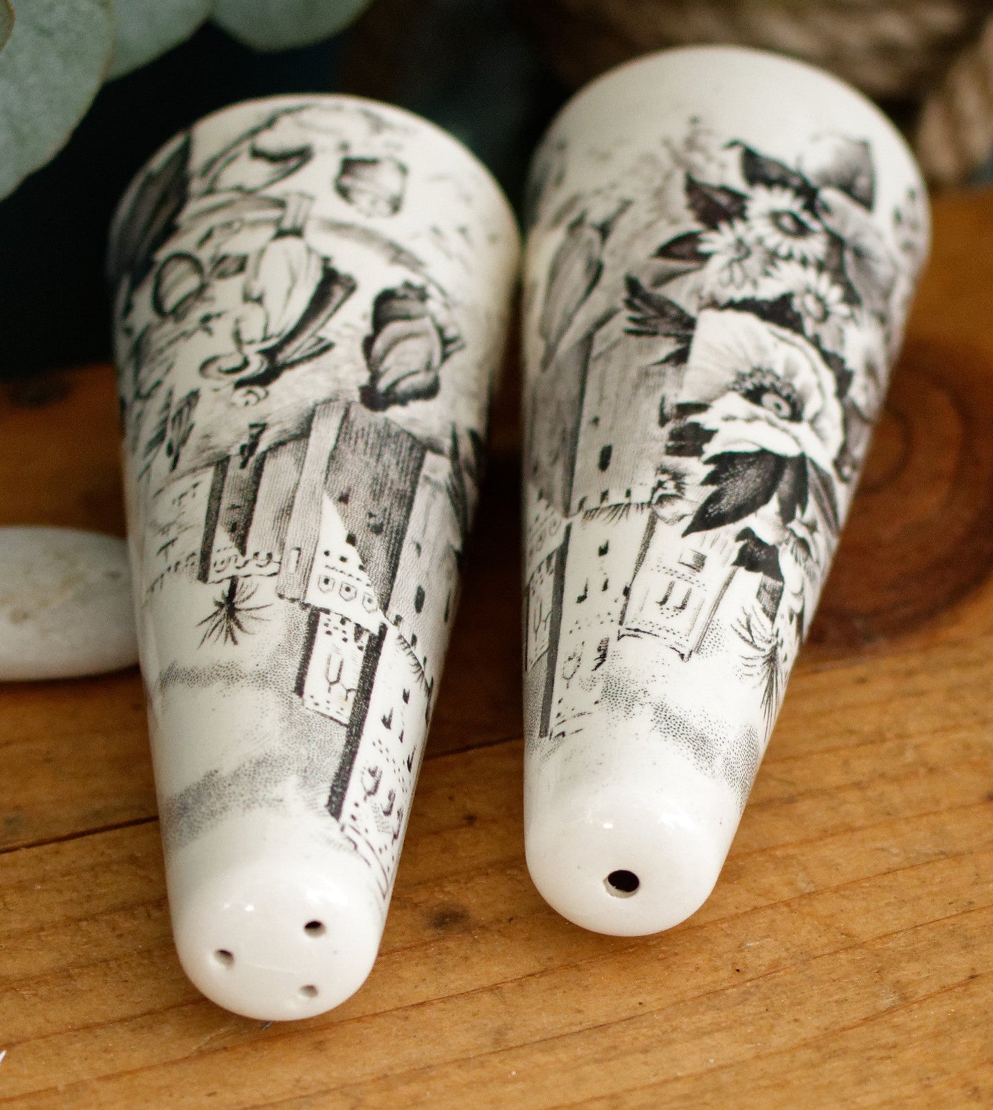 PALISSY motif Eastern Scenes 1853 Old Staffordshire England Antique Ironstone Black Transferware Collectible Salt & Peper Shakers