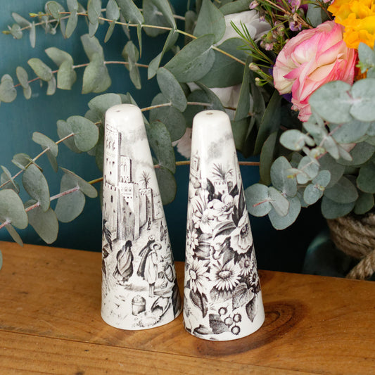 PALISSY motif Eastern Scenes 1853 Old Staffordshire England Antique Ironstone Black Transferware Collectible Salt & Peper Shakers