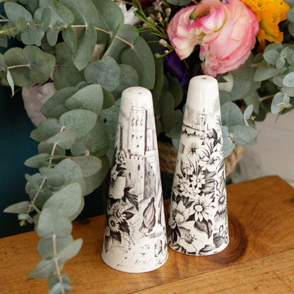 PALISSY motif Eastern Scenes 1853 Old Staffordshire England Antique Ironstone Black Transferware Collectible Salt & Peper Shakers