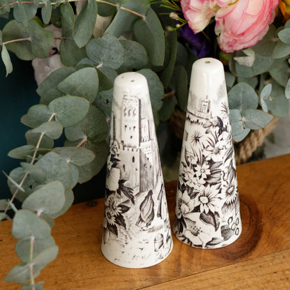 PALISSY motif Eastern Scenes 1853 Old Staffordshire England Antique Ironstone Black Transferware Collectible Salt & Peper Shakers