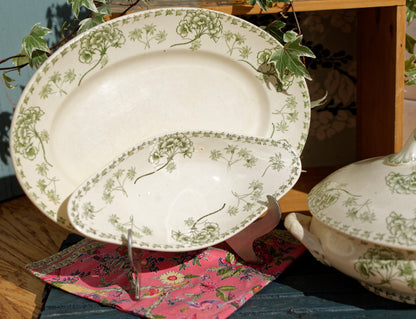 PALMYRE SARREGUEMINES U&C French Antique Ironstone Green Transferware Serving Piece Terre de fer Faience Soup Tureen Soupiere Ravier Oval Serving Plate