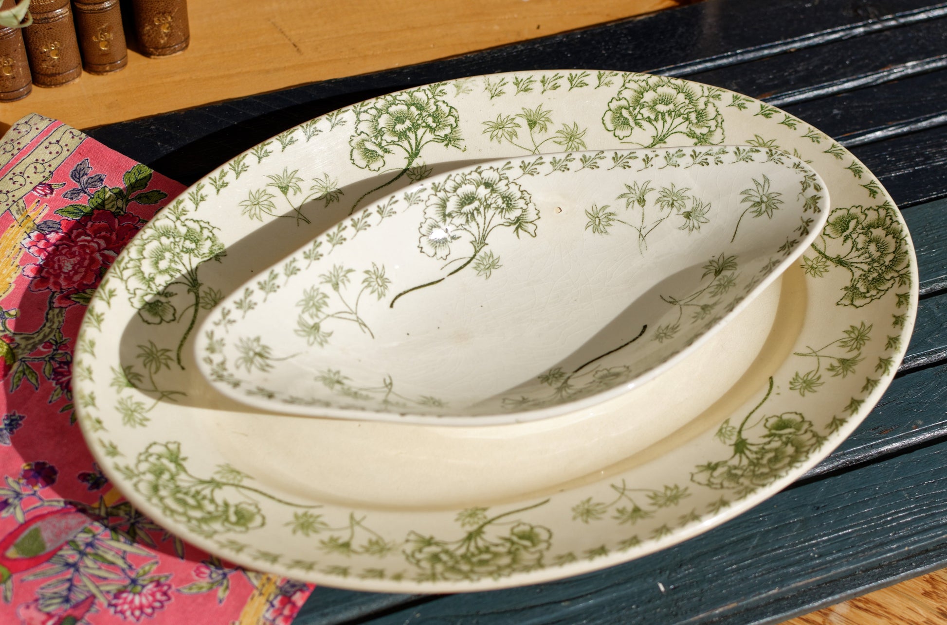 PALMYRE SARREGUEMINES U&C French Antique Ironstone Green Transferware Serving Piece Terre de fer Faience Soup Tureen Soupiere Ravier Oval Serving Plate