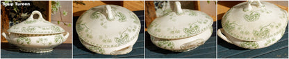 PALMYRE SARREGUEMINES U&C French Antique Ironstone Green Transferware Serving Piece Terre de fer Faience Soup Tureen Soupiere Ravier Oval Serving Plate